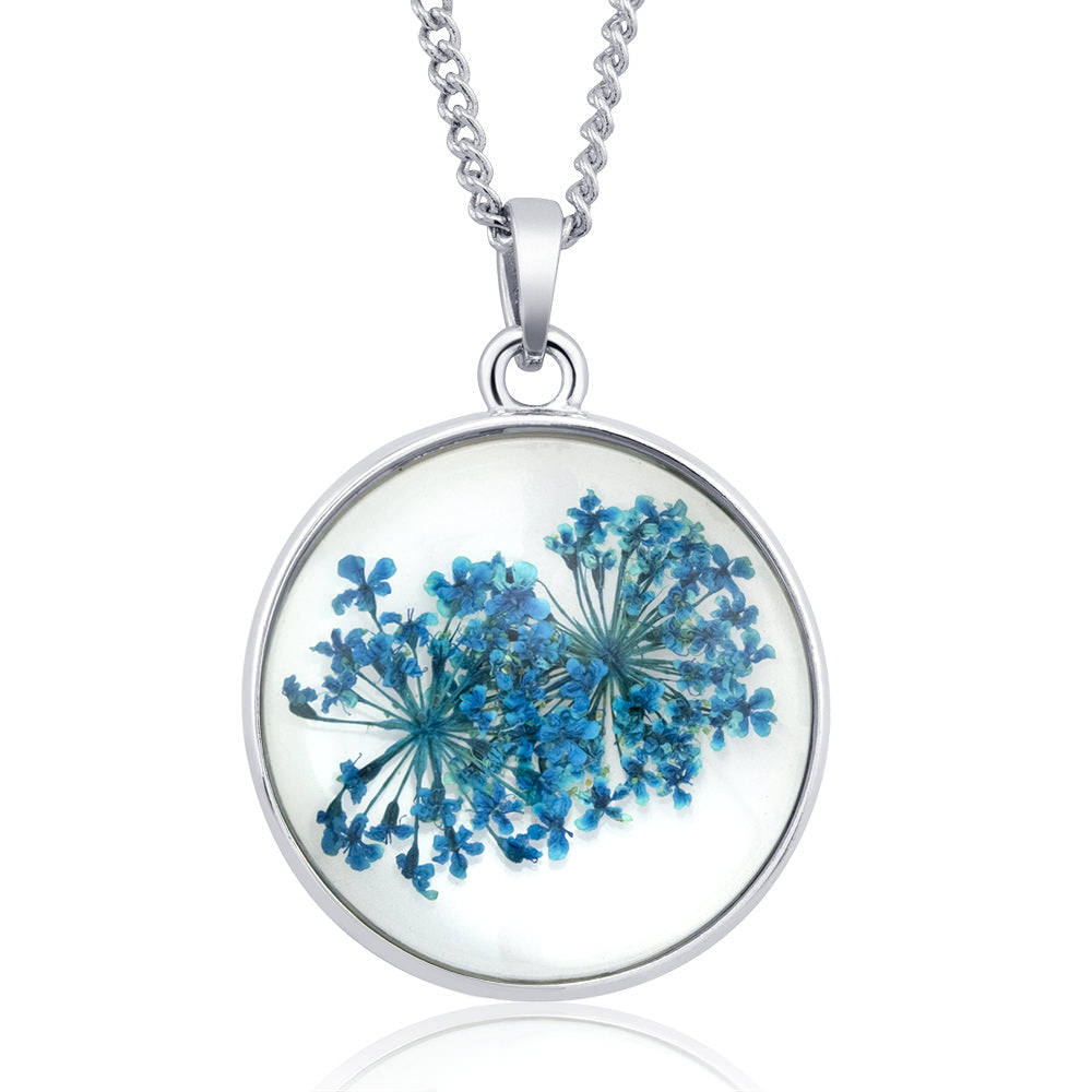 Rhodium Plated Round Glass with Genuine Yellow Forget-Me-Not Flowers Necklace Image 4