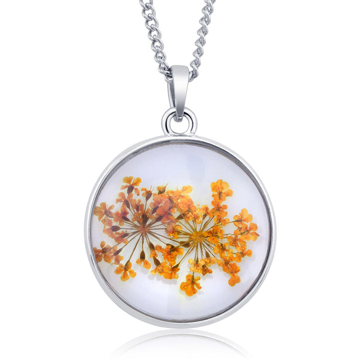 Rhodium Plated Round Glass with Genuine Yellow Forget-Me-Not Flowers Necklace Image 6