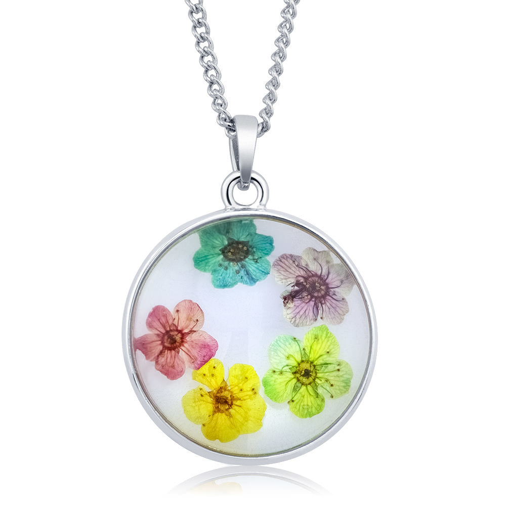 Rhodium Plated Round Glass with Genuine Multi-Colored Stunning Flowers Necklace Image 1