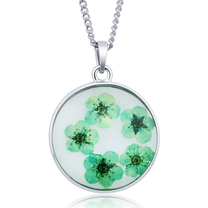 Rhodium Plated Round Glass with Genuine Multi-Colored Stunning Flowers Necklace Image 3