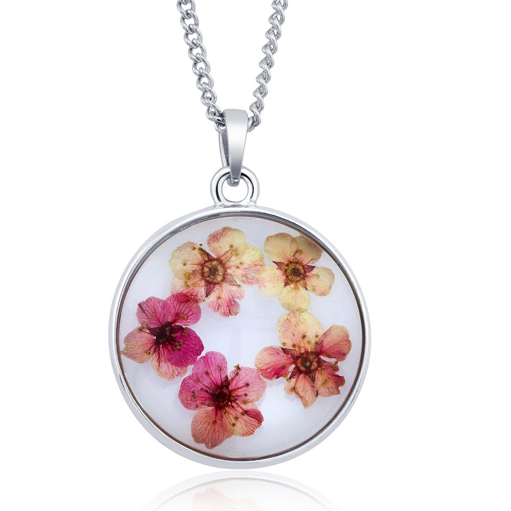 Rhodium Plated Round Glass with Genuine Multi-Colored Stunning Flowers Necklace Image 4