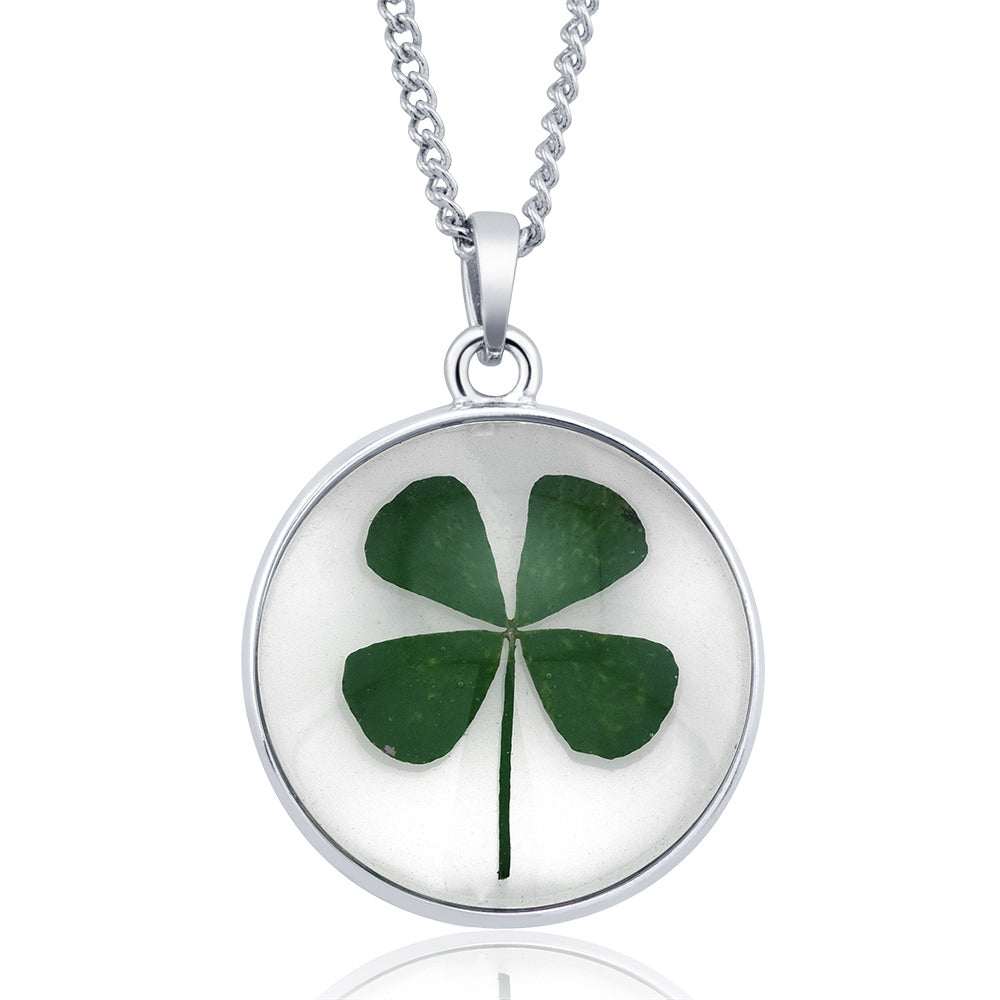 Rhodium Plated Round Glass with Genuine Green Clover Necklace Image 1