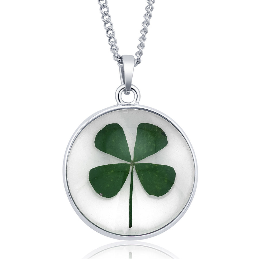 Rhodium Plated Round Glass with Genuine Green Clover Necklace Image 1