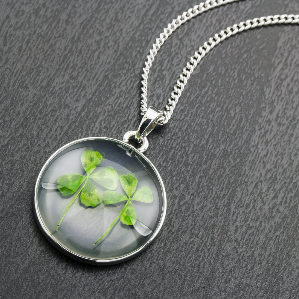 Rhodium Plated Round Glass with Genuine Green Clover Necklace Image 2