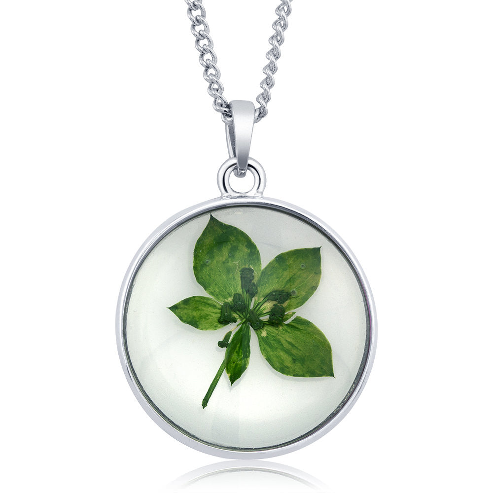 Rhodium Plated Round Glass with Genuine Evergreen Fern Necklace Image 1