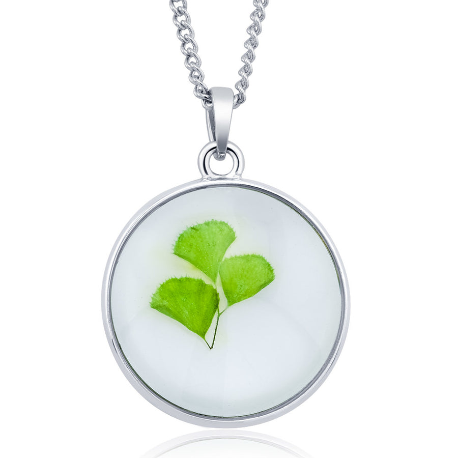 Rhodium Plated Round Glass with Genuine Adiantum Leaves Necklace Image 1