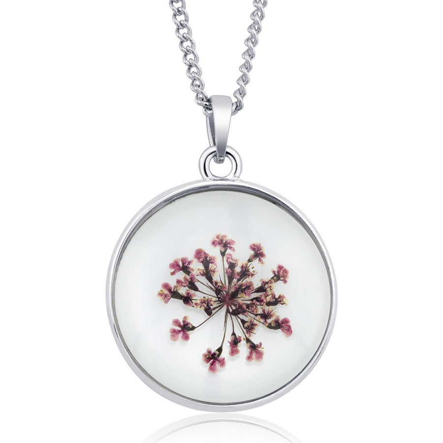 Rhodium Plated Round Glass with Genuine Pink Babys Breath Flowers Necklace Image 1