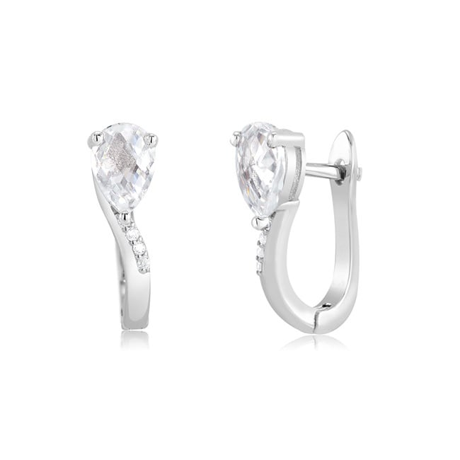 Sterling Silver Oval-Cut CZ Curve Huggie Earrings Image 2