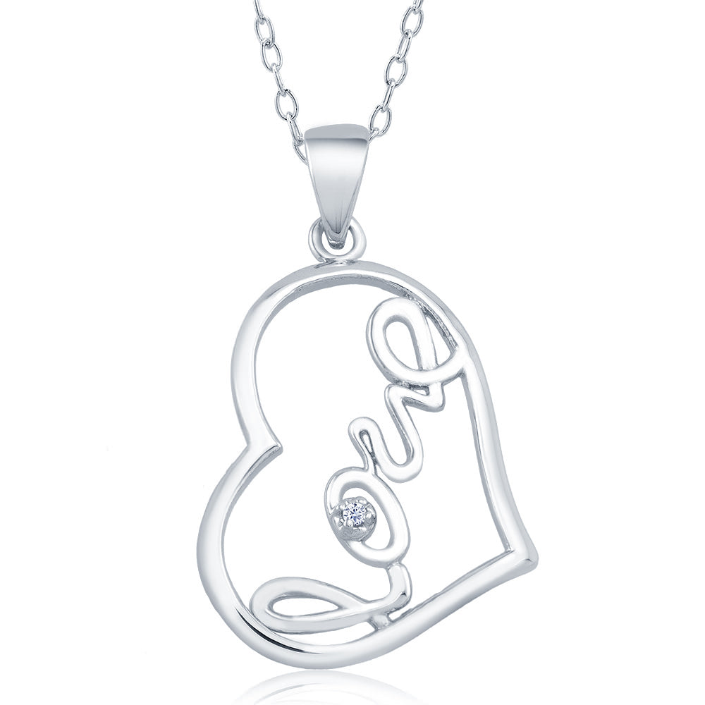 Rhodium Plated Diamond Accent Sideways Open Heart Love Necklace Image 1
