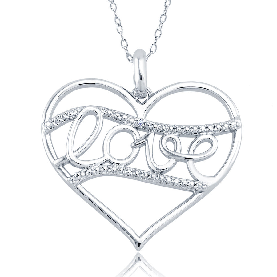 Rhodium Plated Diamond Accent Open Heart Script Love Necklace Image 1