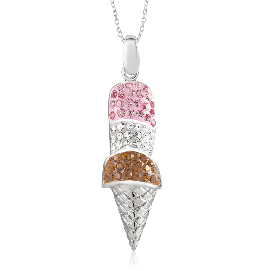 Rhodium Plated Crystal Triple Scoop Ice Cream Cone Necklace Image 1