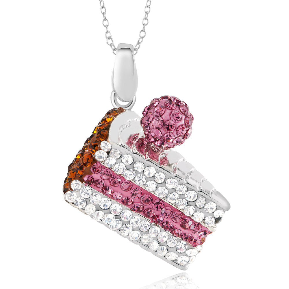 Rhodium Plated Crystal Cake Slice Necklace Image 1