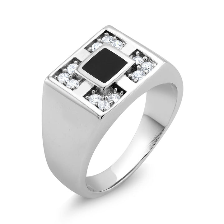 Rhodium Plated Black Epoxy and CZ Four Square Mens Ring Sizes 9-12 Available Image 1