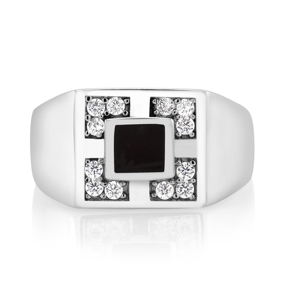 Rhodium Plated Black Epoxy and CZ Four Square Mens Ring Sizes 9-12 Available Image 2