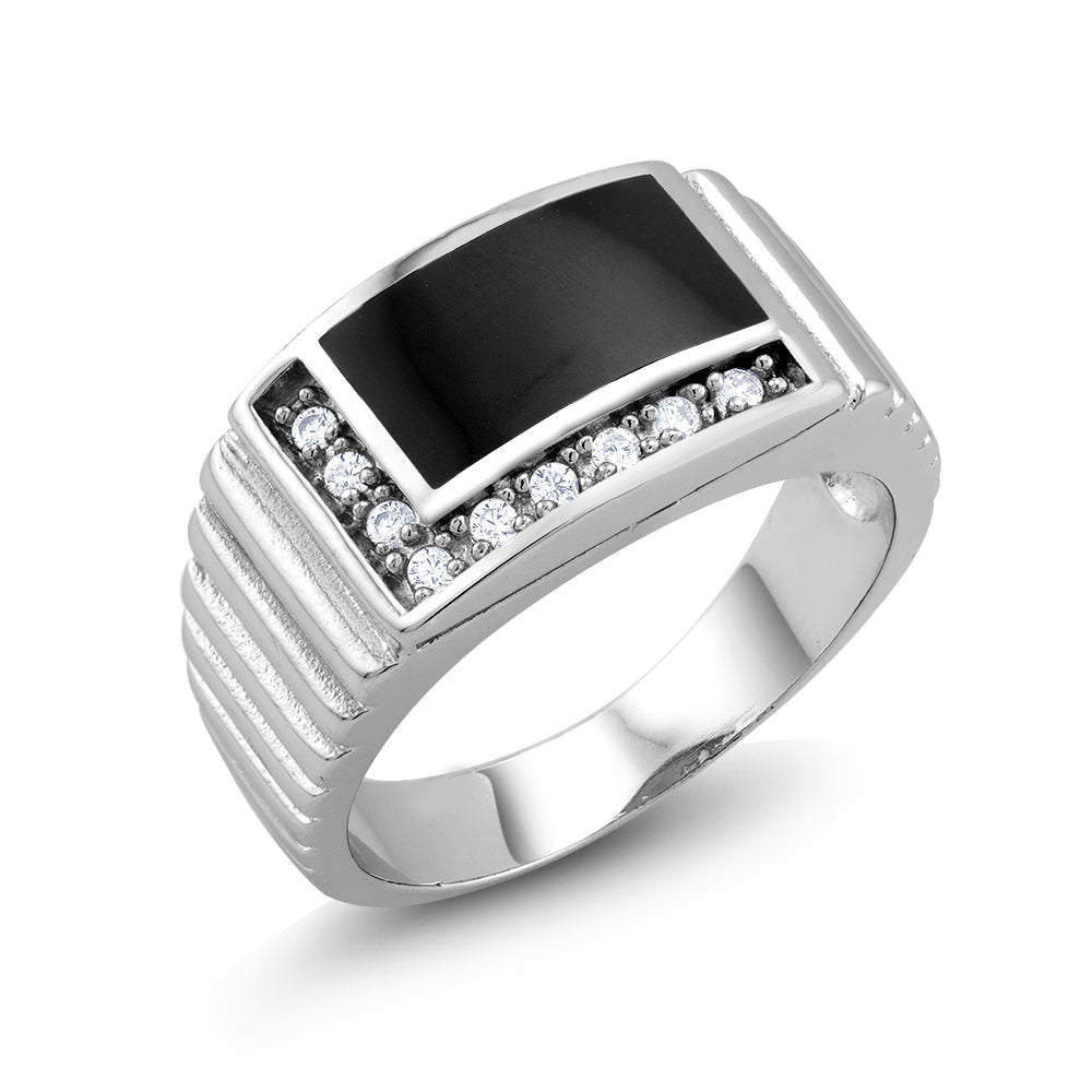 Rhodium Plated Black Epoxy and CZ Rectangle Mens Ring Sizes 9-12 Available Image 1