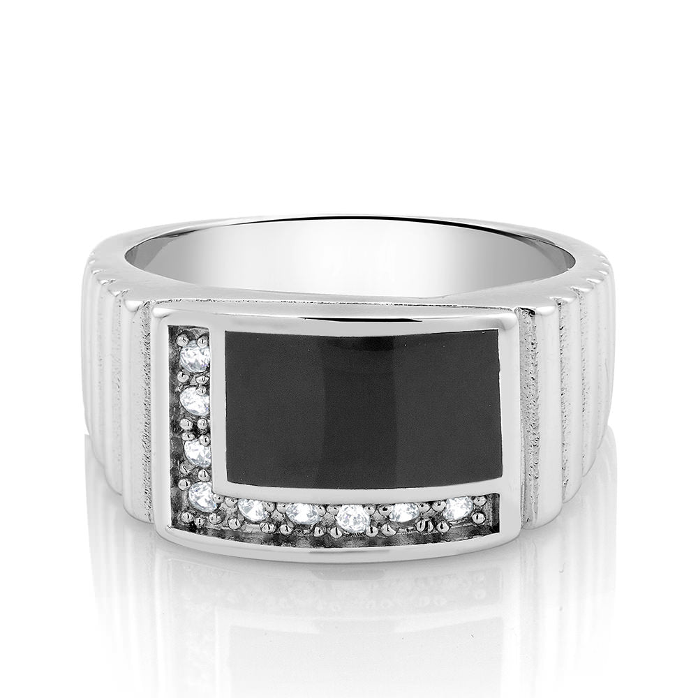 Rhodium Plated Black Epoxy and CZ Rectangle Mens Ring Sizes 9-12 Available Image 2