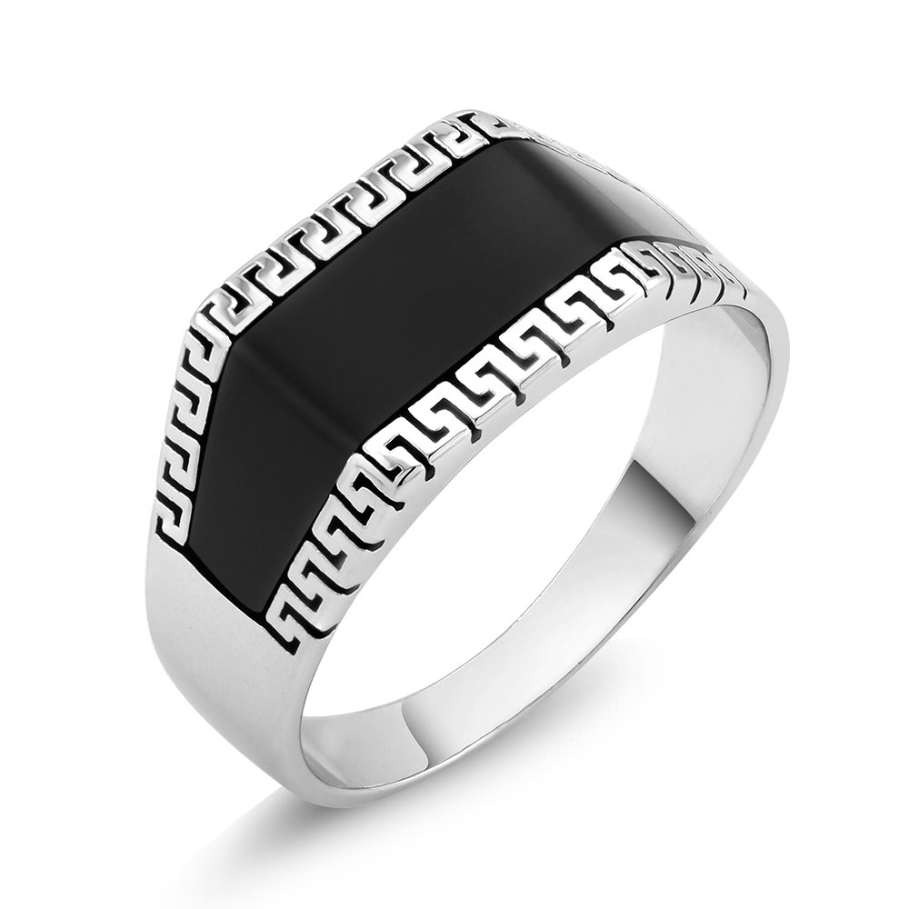 Rhodium Plated Black Epoxy Greek Design Square Mens Ring Sizes 9-12 Available Image 1