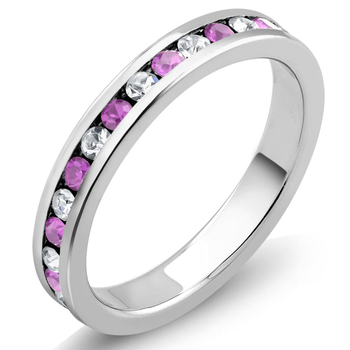 Rhodium Plated October/Pink Tourmaline Crystal Eternity Band Sizes 6-9 Available Image 1