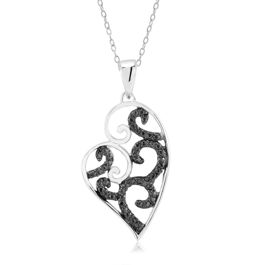 Rhodium Plated and Black IP Diamond Accent Filligree Open Heart Necklace Image 1