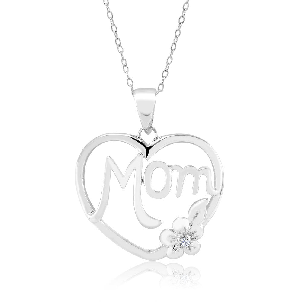 Rhodium Plated Diamond Accent Open Heart MOM Necklace Image 1