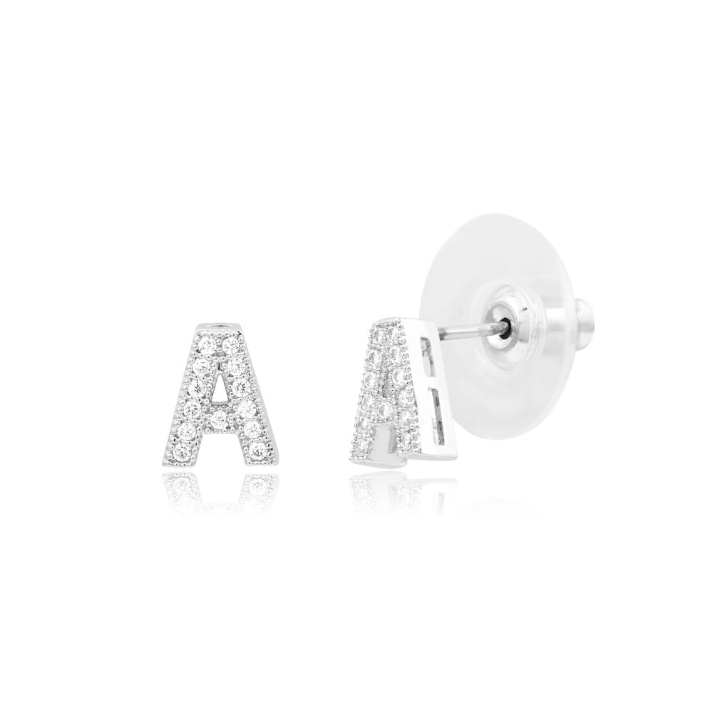 Sterling Silver Plated CZ Initial A Stud Earrings Image 1