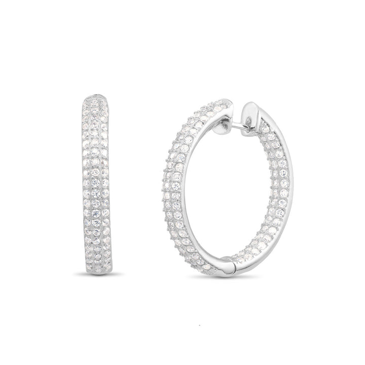 Rhodium Plated 3-Row In and Out CZ Hoop Earrings Image 1