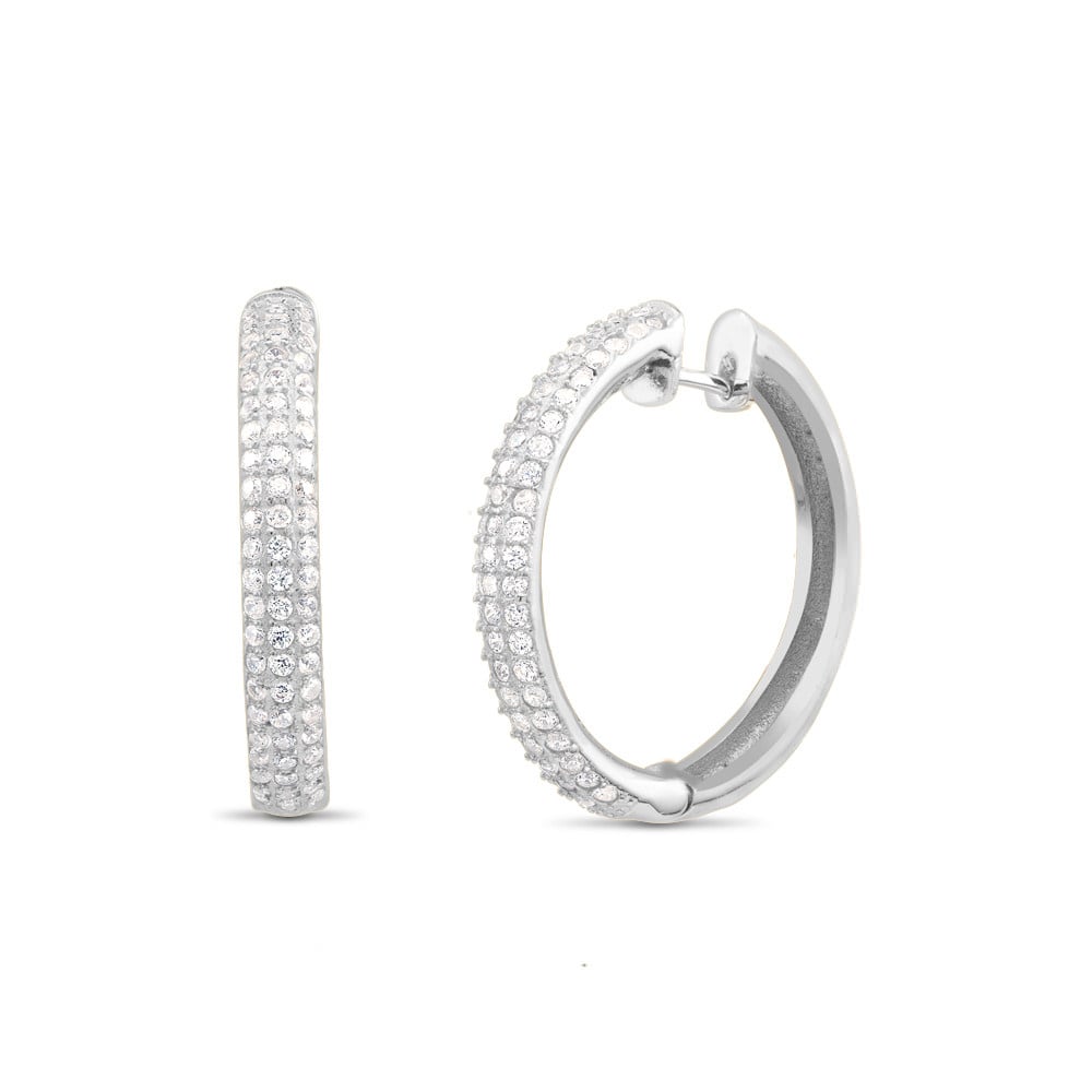 Rhodium Plated 3-Row CZ Hoop Earrings Image 1