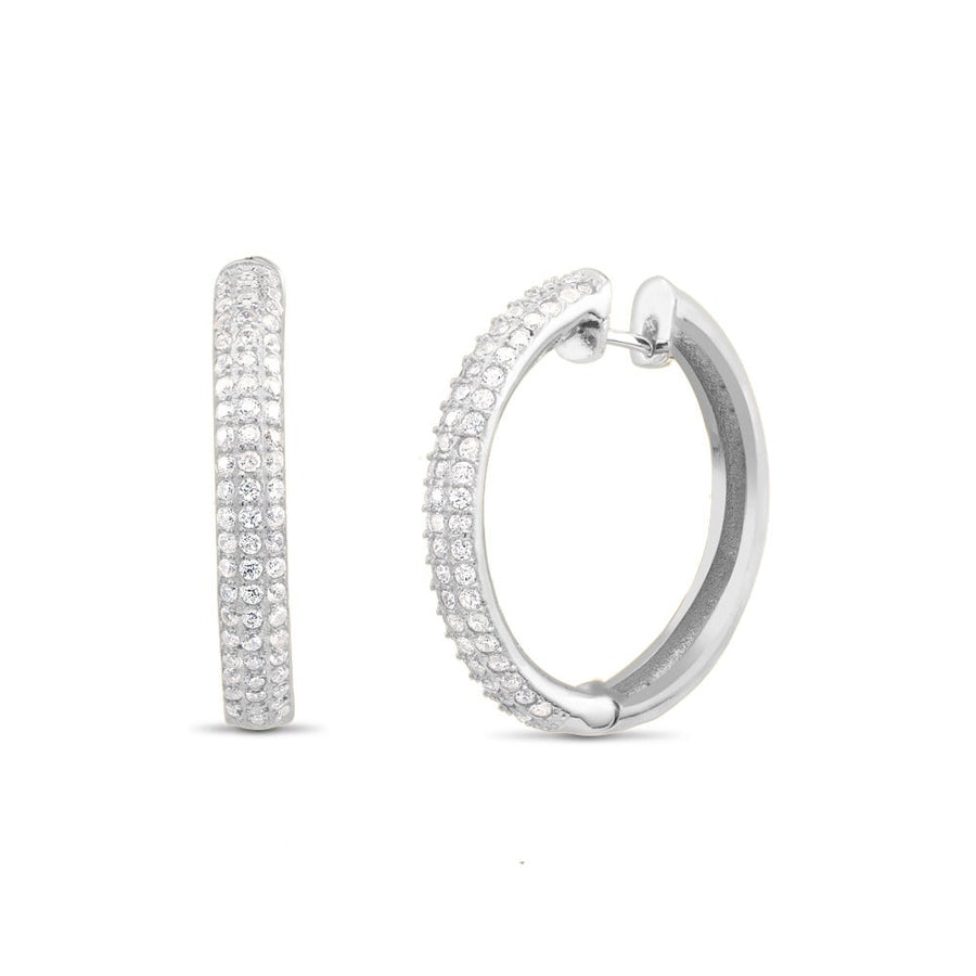 Rhodium Plated 3-Row CZ Hoop Earrings Image 1