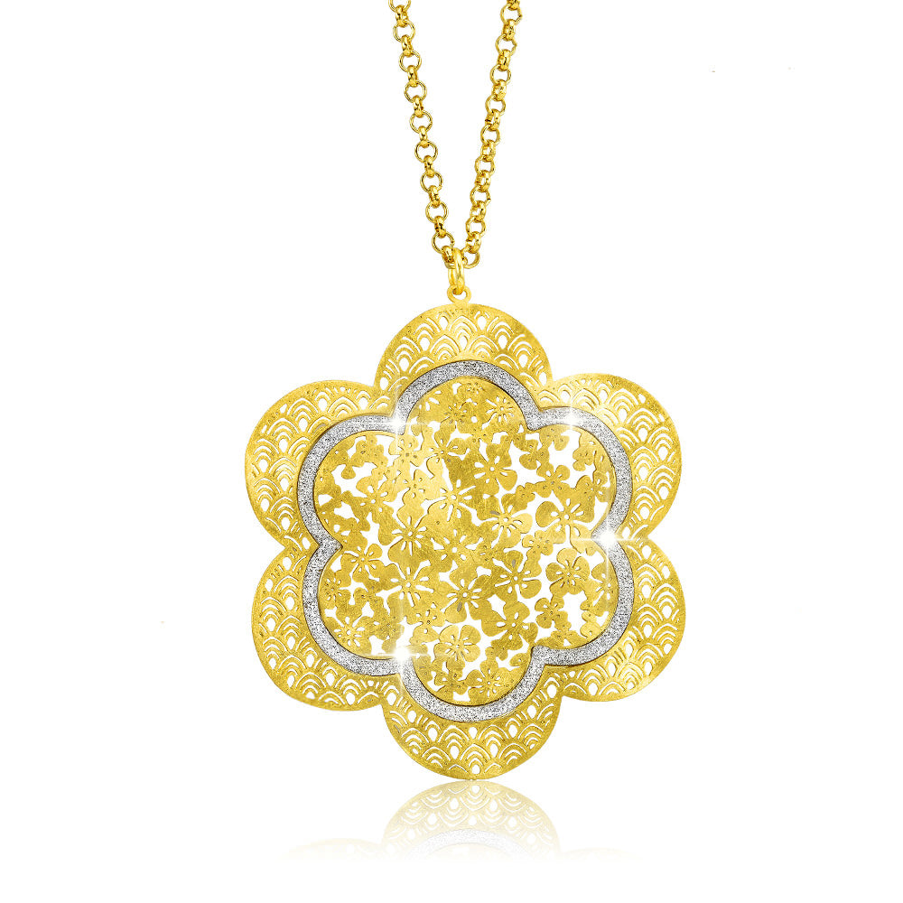 Gold Plated Silver Glitter Filigree Flower Necklace Image 1