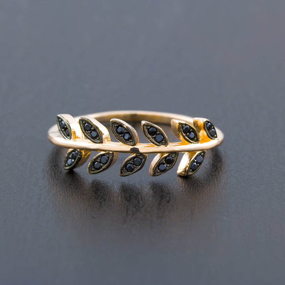 Rose Gold Plated Sterling Silver Black CZ Feather Ring Image 2