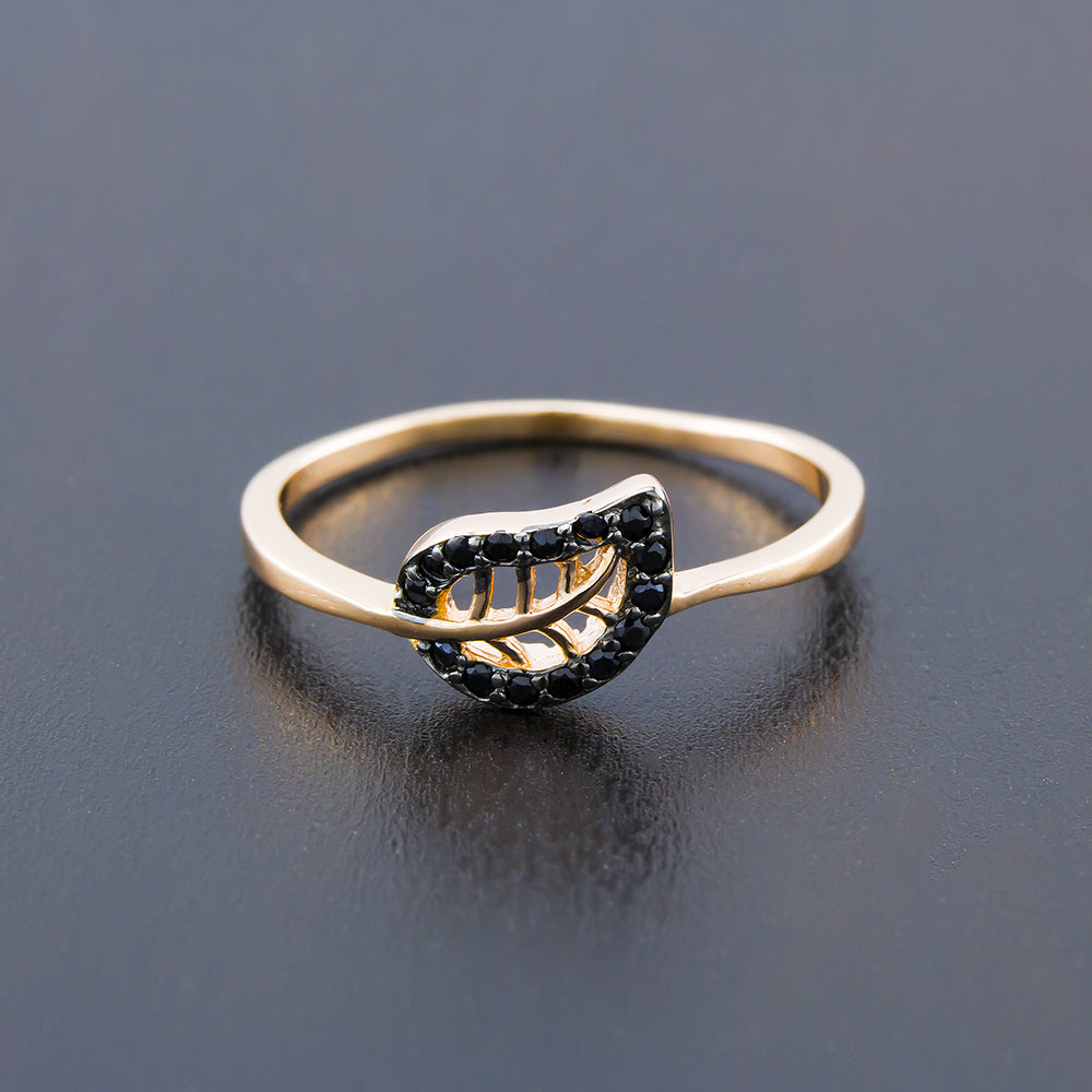 Rose Gold Plated Sterling Silver Black CZ Leaf Ring Image 2