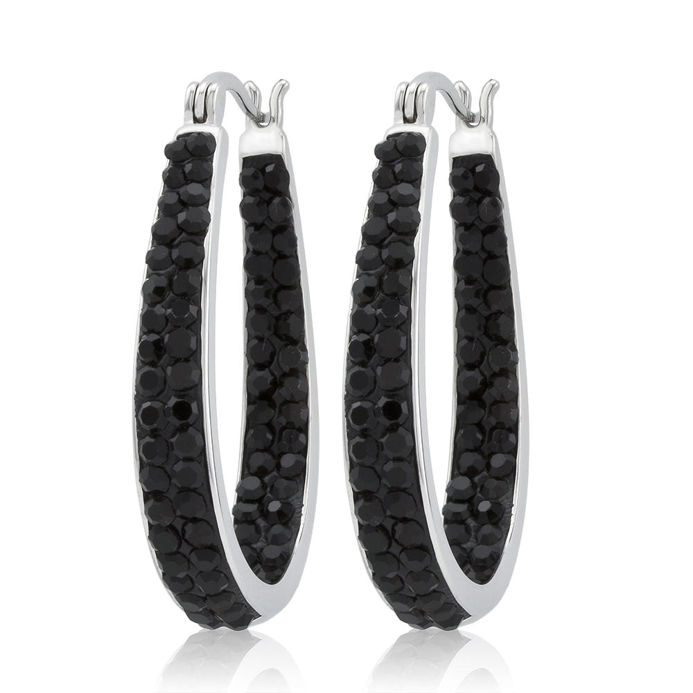 Rhodium Plated Jet Black Crystal In and Out Hoop Earrings Image 2