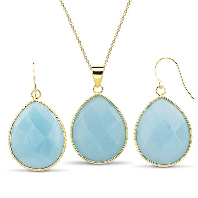 Gold Plated Oval Genuine Quartz Earrings and Necklace Set Image 1
