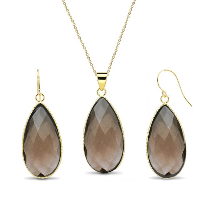 Gold Plated Pear-Cut Genuine Quartz Earrings and Necklace Set Image 1