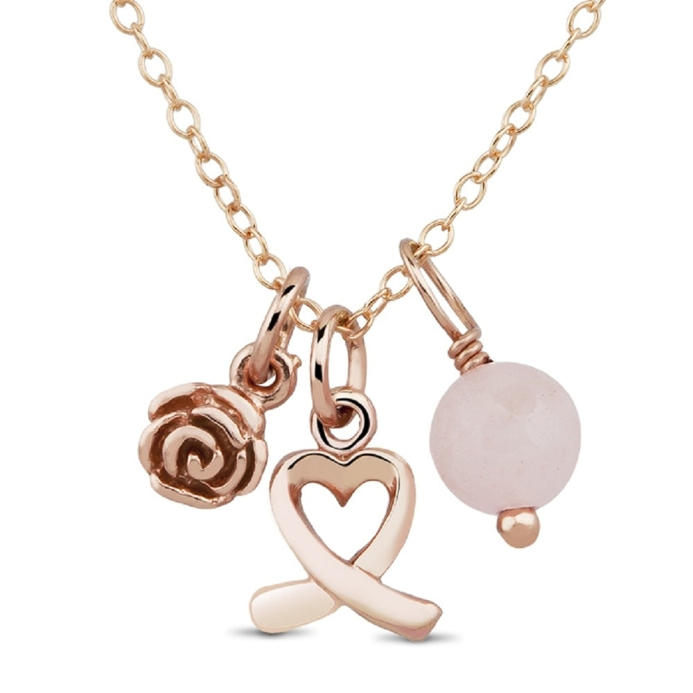 Sterling Silver Rose Gold Plated Breast Cancer Ribbon Charm Necklace Image 1