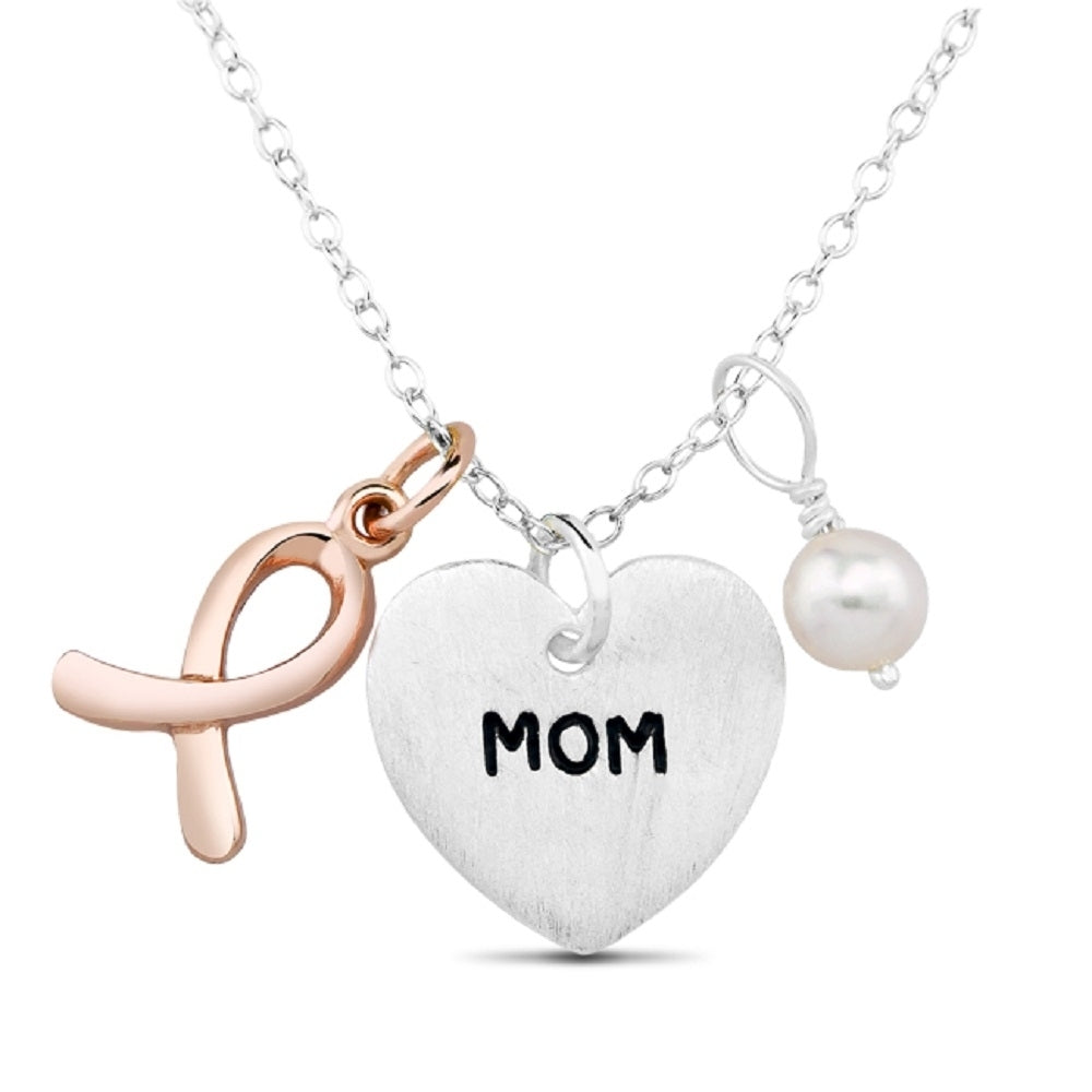 Sterling Silver and Rose Gold Plated Breast Cancer Ribbon with Heart MOM Charm Necklace Image 1