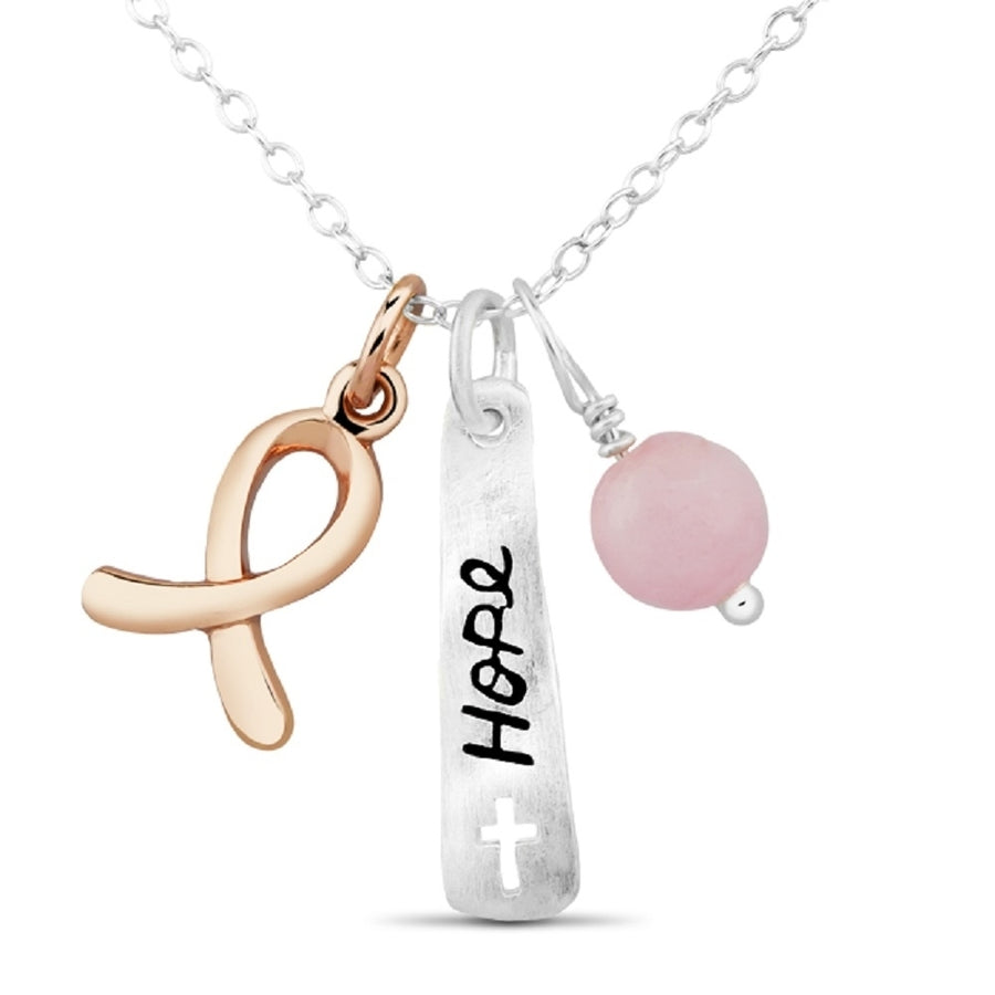 Sterling Silver RG Plated Breast Cancer Ribbon and Hope Charm Necklace Image 1