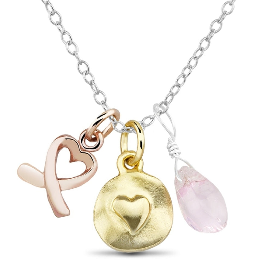 Sterling Silver RG Plated and GP Heart Breast Cancer Ribbon and Hope Charm Necklace Image 1