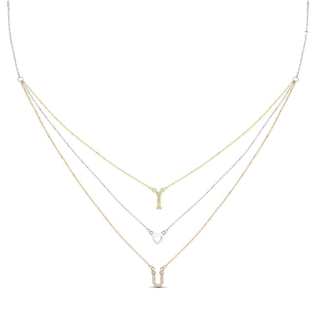 Sterling SilverGold Plated and Rose Gold Plated CZ I (Heart) U Three Strand Necklace Image 3