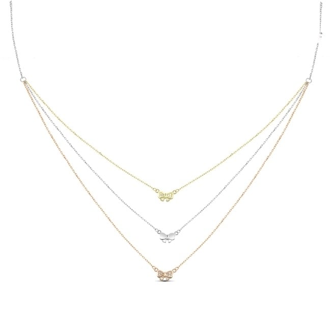 Sterling Silver Gold Plated and Rose Gold Plated CZ Bow Three Strand Necklace Image 1