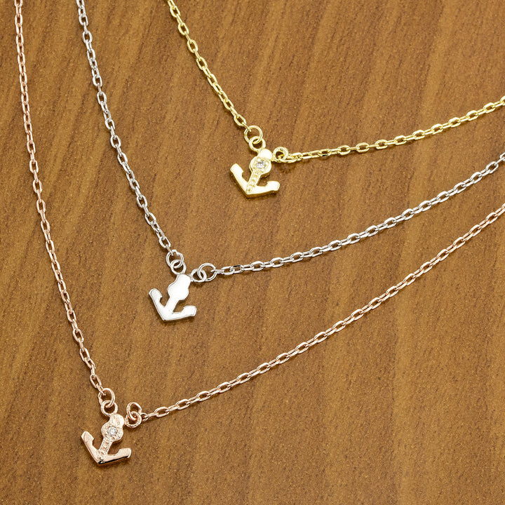 Sterling Silver Gold Plated and Rose Gold Plated CZ Anchor Three Strand Necklace Image 1