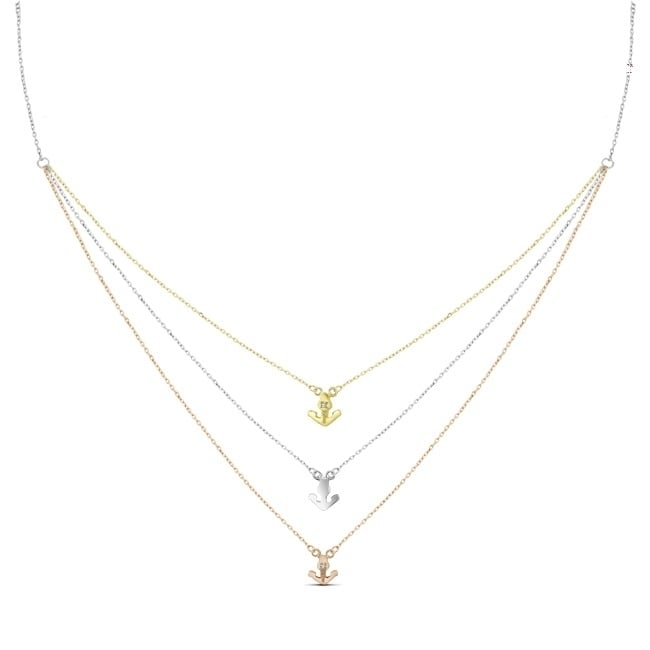 Sterling Silver Gold Plated and Rose Gold Plated CZ Anchor Three Strand Necklace Image 2