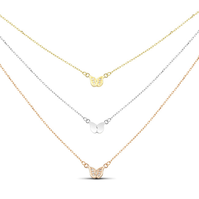Sterling SilverGold Plated and Rose Gold Plated CZ Butterfly Three Strand Necklace Image 1