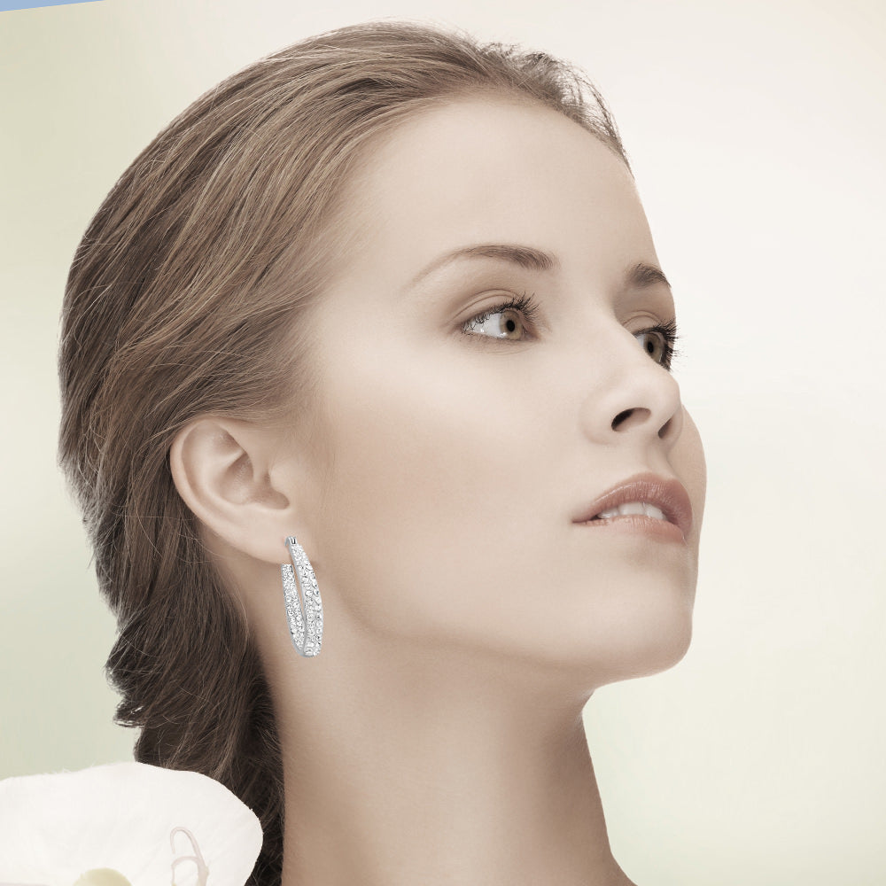 Sterling Silver Finish In And Out Clear Crystal hoops With a Stud Earrings Image 4