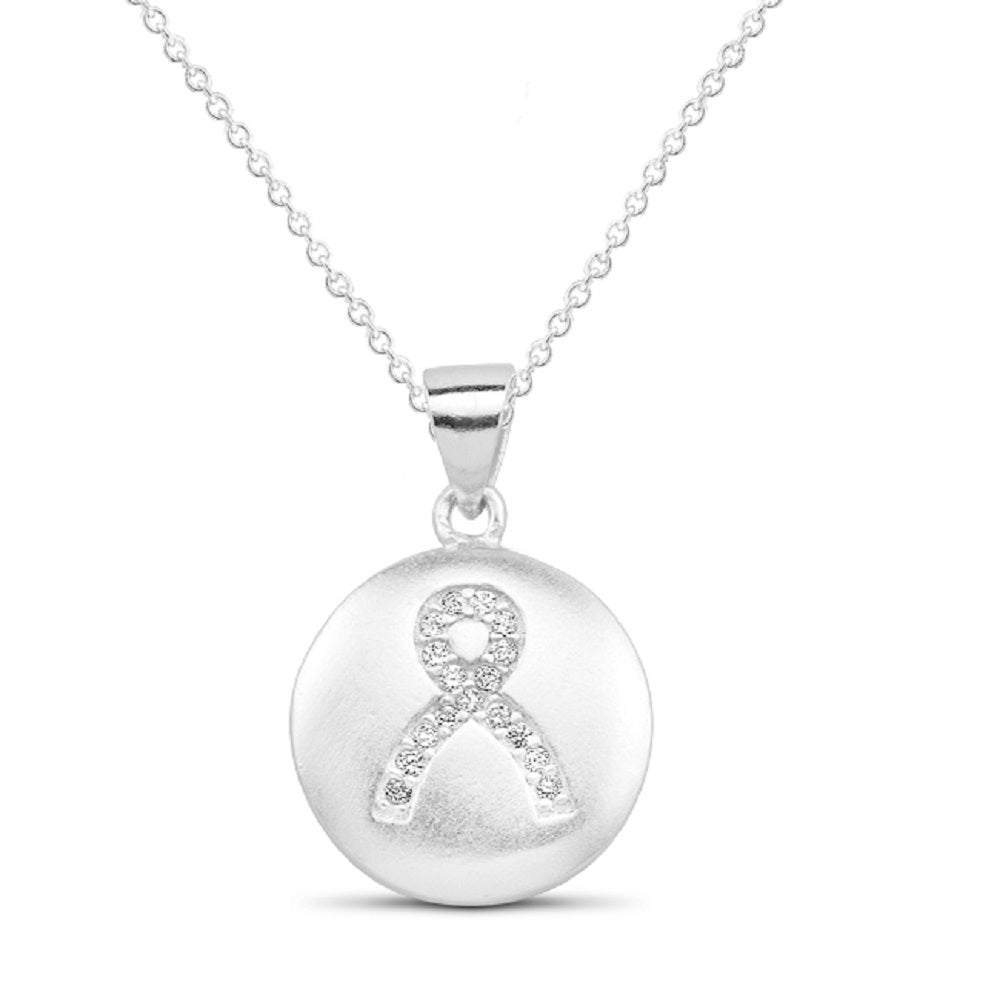 Sterling Silver CZ Breast Cancer Ribbon Disc Necklace Image 1