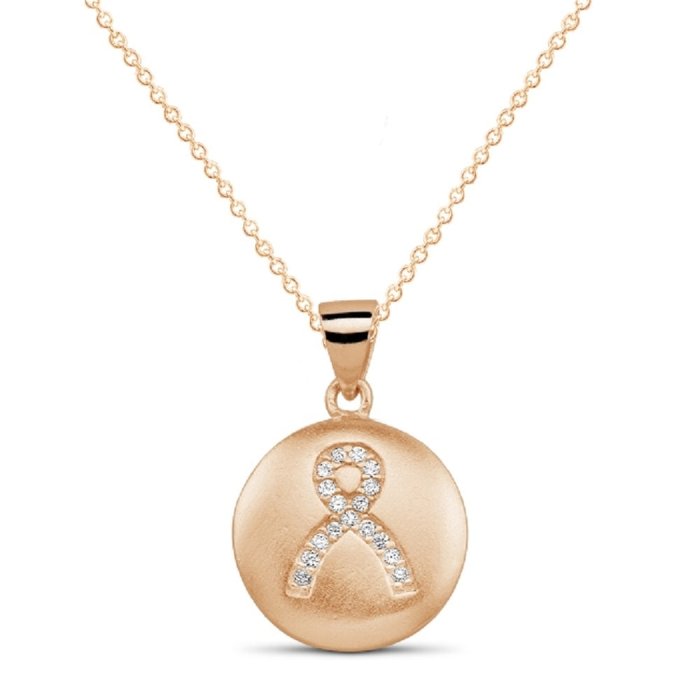 Sterling Silver CZ Breast Cancer Ribbon Disc Necklace Image 2