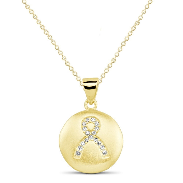 Sterling Silver CZ Breast Cancer Ribbon Disc Necklace Image 3