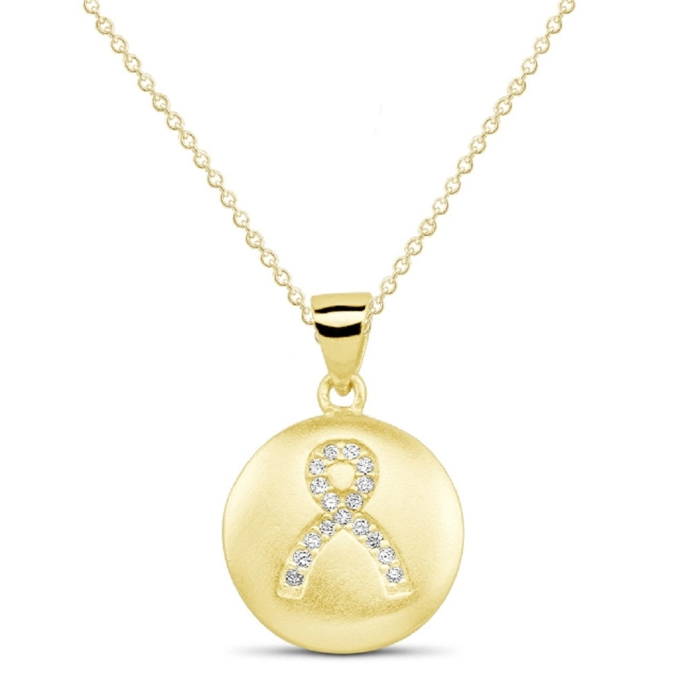 Sterling Silver CZ Breast Cancer Ribbon Disc Necklace Image 1