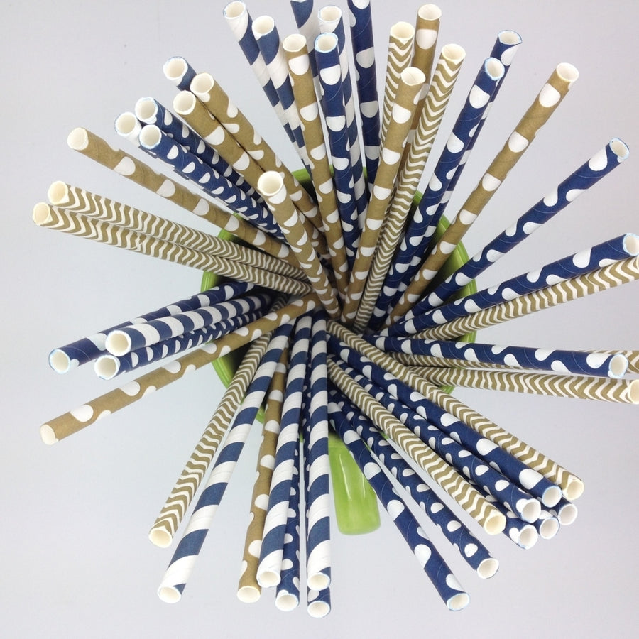 50 Navy and Gold Paper Straws Image 1