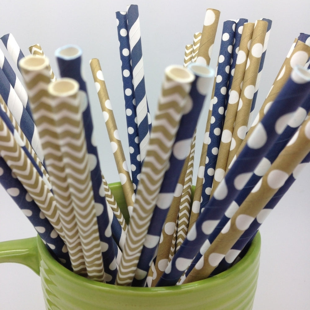 50 Navy and Gold Paper Straws Image 2